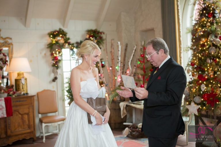 Tulsa Oklahoma wedding photography first look with bride and father of the bride, Christmas holiday wedding