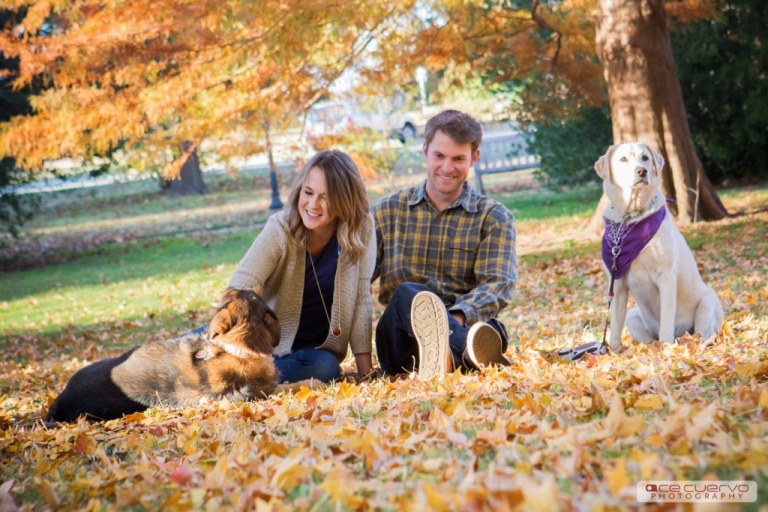 Fall leaves Tulsa engagement photos with dogs